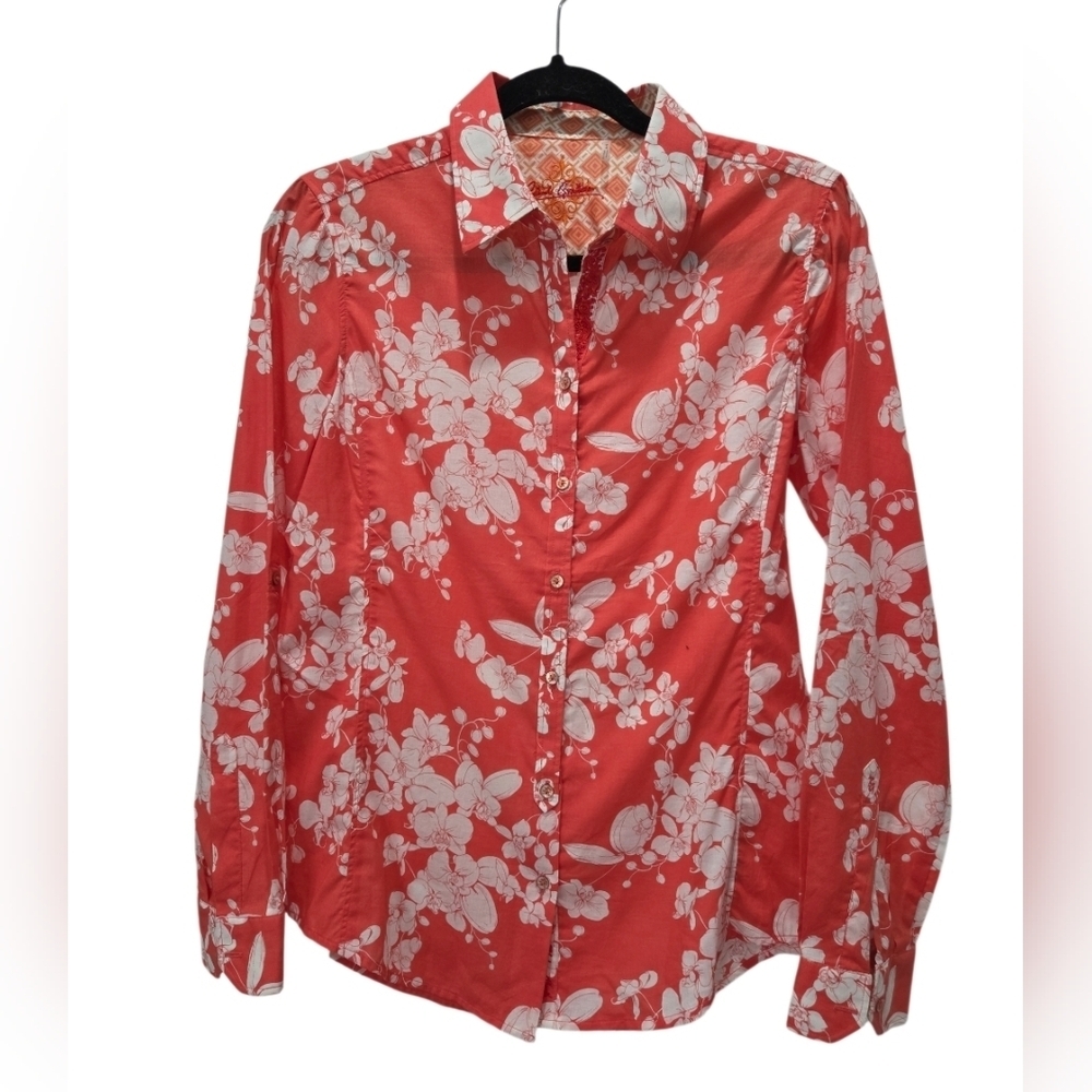Robert Graham 100% Cotton Coral Button Down Floral Womans Shirt, Small
